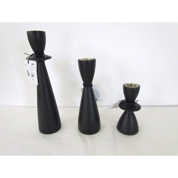 West Elm Tira Wood Taper Candle Holders Black Ash  Set 3 w Candles - Picture 2 of 13
